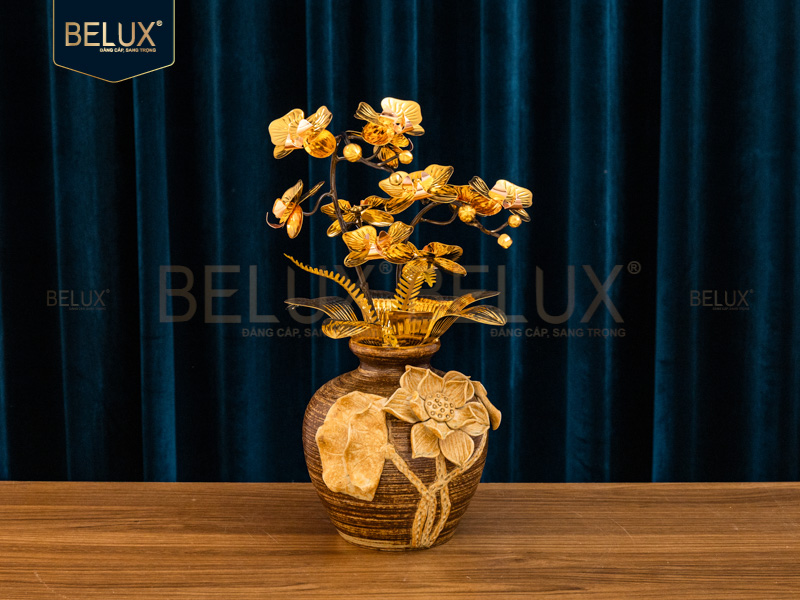 Chậu Lan Vàng Sen Mộc mạ vàng 24k cao 37cm